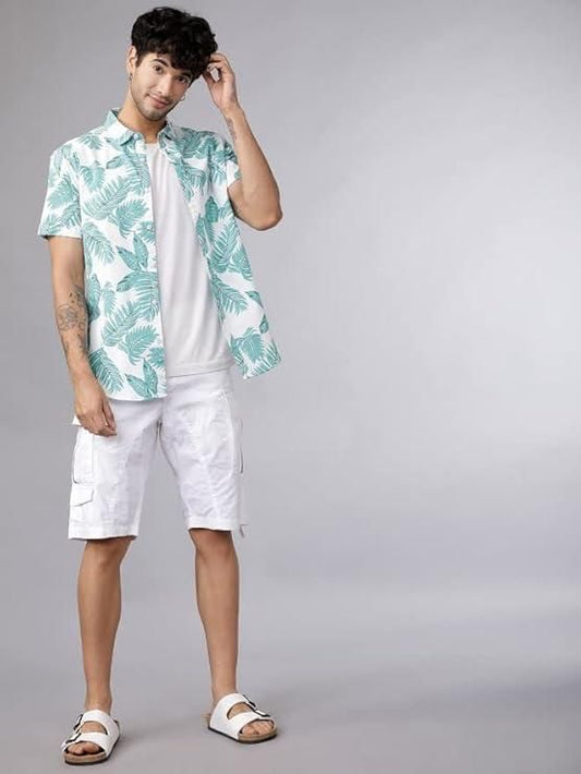 Men's Printed Half Sleeves Spread Collar Casual Shirt White & Light Green