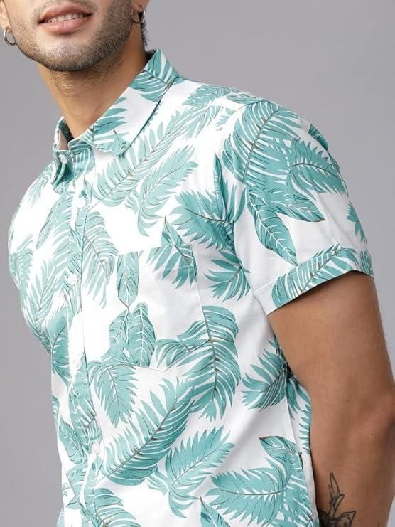 Men's Printed Half Sleeves Spread Collar Casual Shirt White & Light Green